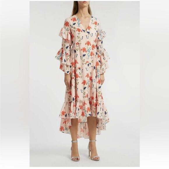 Borgo De Nor Luna pink floral long ruffle sleeves midi dress NEW UK10 / US6 - Picture 10 of 10